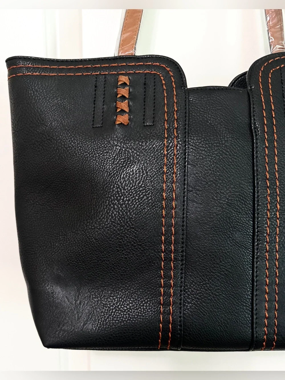 Montana West Black Tote Shoulder Bag Contrast Stitch Vegan Leather Zip Top - Picture 5 of 16